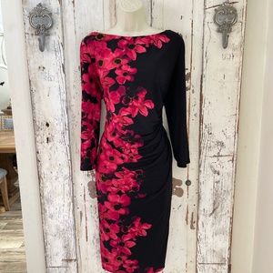 Ralph Lauren Dress Size 16 Womans Black Pink Burgundy Floral Sheath Career Party